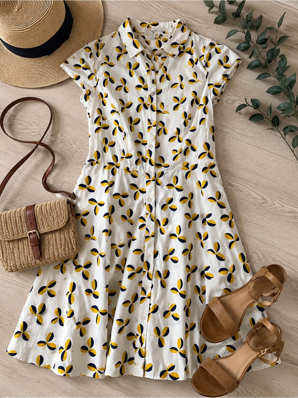 Boden White Button-Front Midi Dress with Yellow & Navy Petal Print
